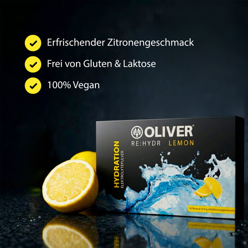 OLIVER RE:HYDR Lemon Verpackung mit Zitronenhälften, Produktvorteile erfrischender Zitronengeschmack, frei von Gluten und Laktose, 100 % vegan