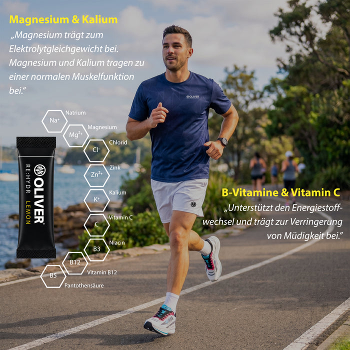 OLIVER RE:HYDR Lemon Elektrolytestick mit Läufer im Freien und Übersicht der Inhaltsstoffe Magnesium, Kalium, Natrium, Chlorid, Zink, Vitamin C, B12, Niacin und Pantothensäure