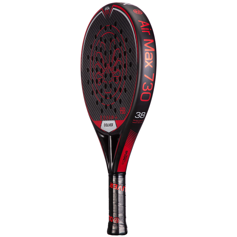 Oliver Padel-Schläger Modell Air Max 730, schwarz mit rotem Design, vor einem weißen Hintergrund
