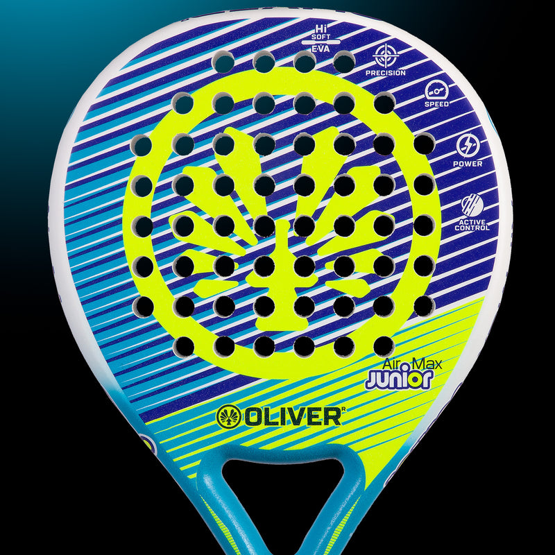Oliver Padel-Schläger Modell Air Max Junior, blau und weiß mit gelbem Design, vor einem dunklen blauen Hintergrund