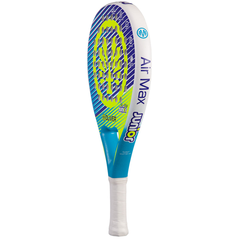 Oliver Padel-Schläger Modell Air Max Junior, blau und weiß mit gelbem Design, vor einem weißen Hintergrund
