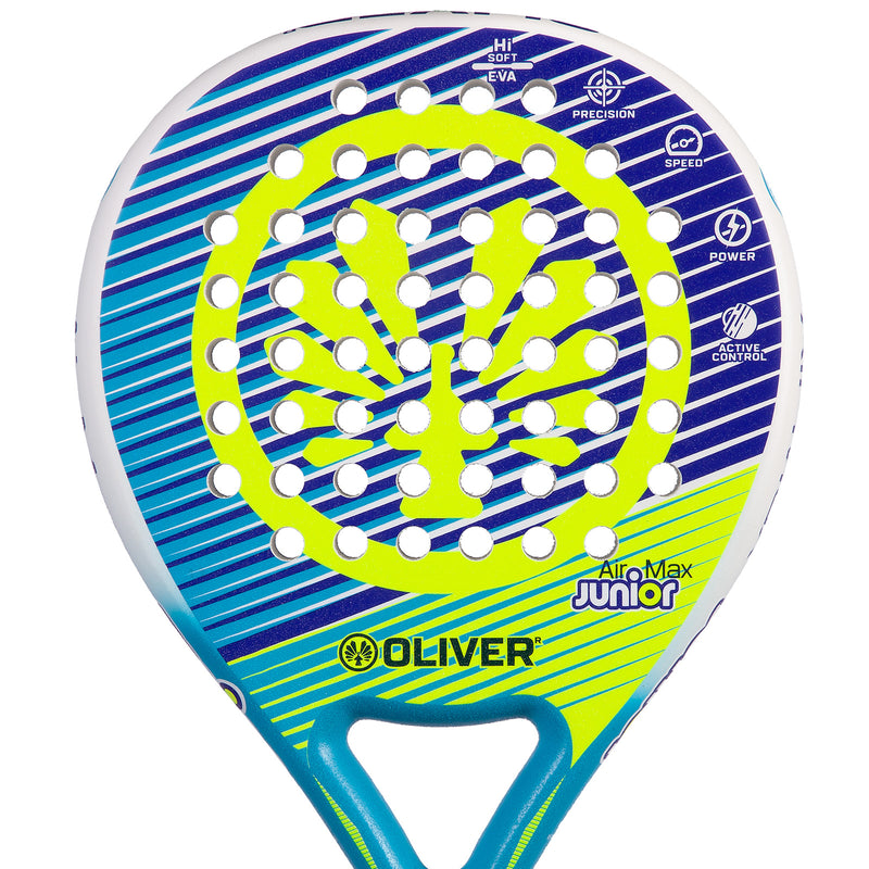 Oliver Padel-Schläger Modell Air Max Junior, blau und weiß mit gelbem Design, vor einem weißen Hintergrund