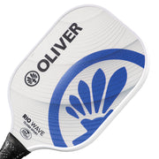 Oliver Pickleball Schläger Modell Rio Wave, weiß mit blauem Design, vor einem weißen Hintergrund