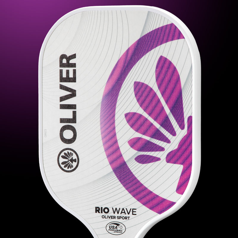 Oliver Pickleball Schläger Modell Rio Wave, weiß mit lila-pinkem Design, vor einem dunklen violetten Hintergrund