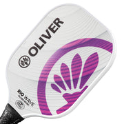 Oliver Pickleball Schläger Modell Rio Wave, weiß mit lila-pinkem Design, vor einem weißen Hintergrund