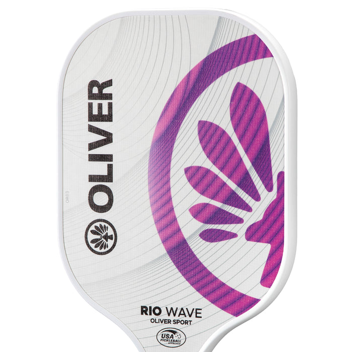 Oliver Pickleball Schläger Modell Rio Wave, weiß mit lila-pinkem Design, vor einem weißen Hintergrund