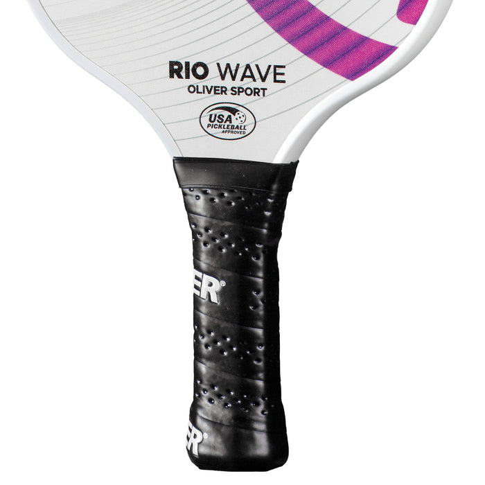Oliver Pickleball Schläger Modell Rio Wave, weiß mit lila-pinkem Design, vor einem weißen Hintergrund