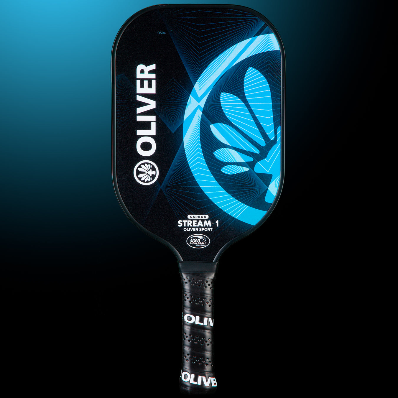 Oliver Pickleball Schläger Modell Stream-1 Carbon, schwarz mit blauem Design, vor einem dunklen blauen Hintergrund