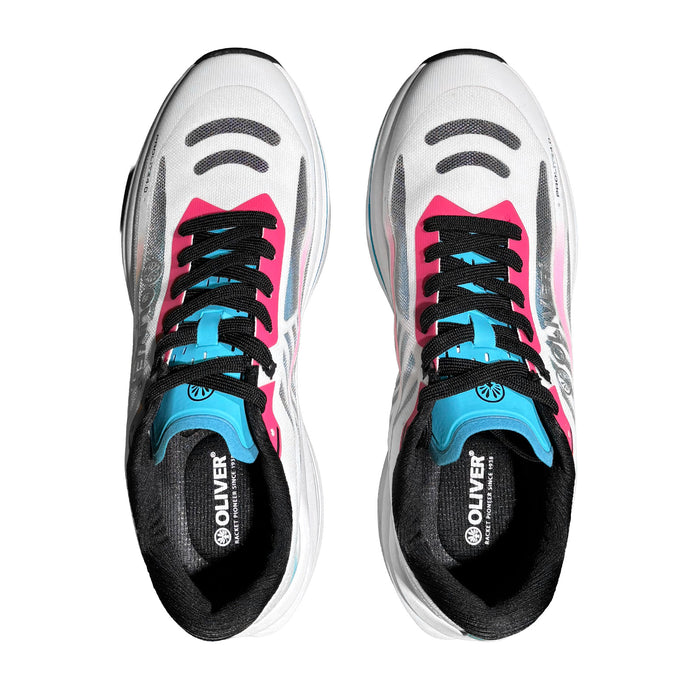 OLIVER Sportschuhe Pro-Lite 4.0 in weiß-pink-blau mit schwarzer Schnürung und transparentem Mesh-Muster in Vogelperspektive auf einem weißem Hintergrund