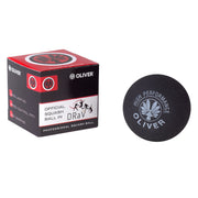 OLIVER Squashball in Schwarz mit der Verpackung links daneben auf weißem Hintergrund