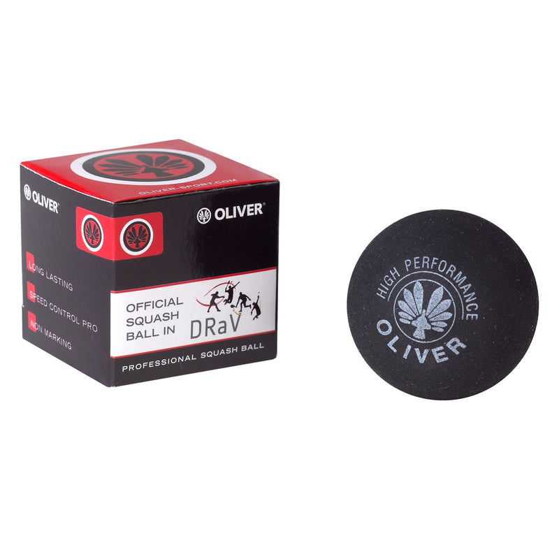 OLIVER Squashball in Schwarz mit der Verpackung links daneben auf weißem Hintergrund