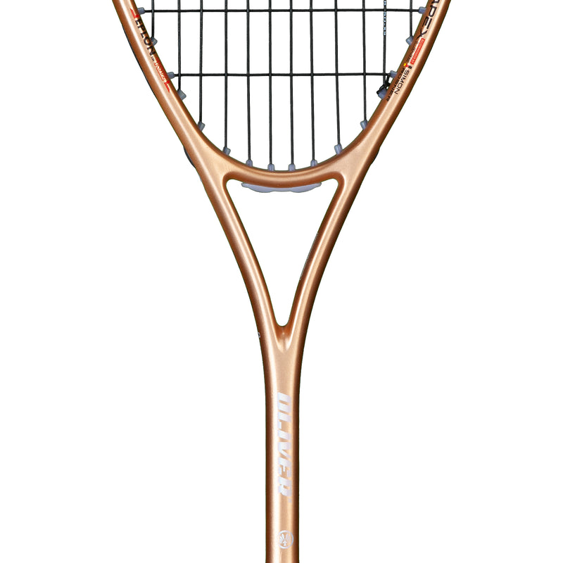 Oliver Squashschläger Modell Apex 320, kupferfarbener/schwarzer Schläger vor einem weißen Hintergrund