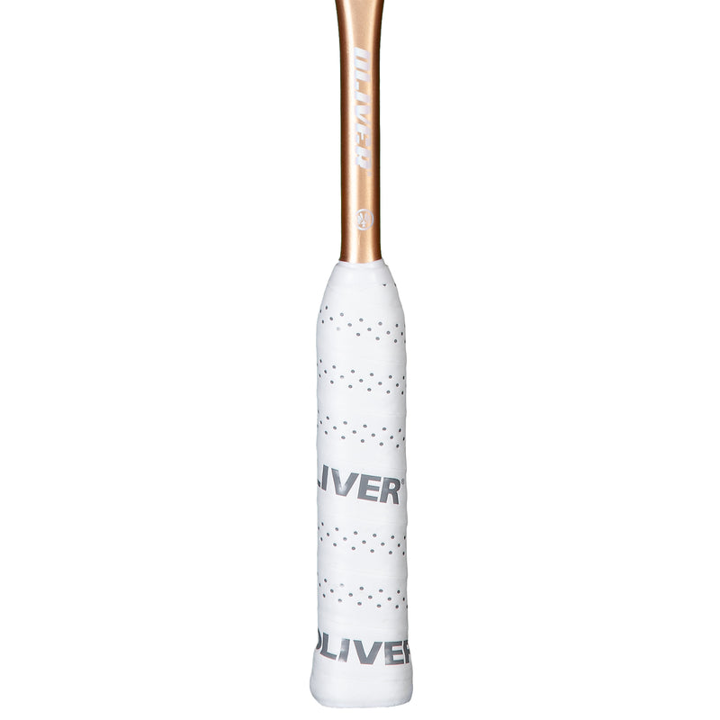 Oliver Squashschläger Modell Apex 320, weißer Griff vor einem weißen Hintergrund