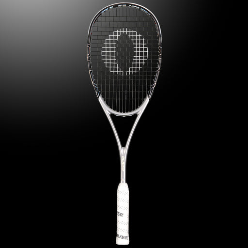 Oliver Squashschläger Modell Apex 420, silbern/schwarzer Schläger mit weißem Griff vor einem dunklen grauen Hintergrund