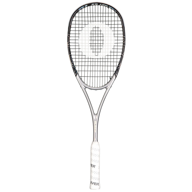 Oliver Squashschläger Modell Apex 420, silbern/schwarzer Schläger mit weißem Griff vor einem weißen Hintergrund