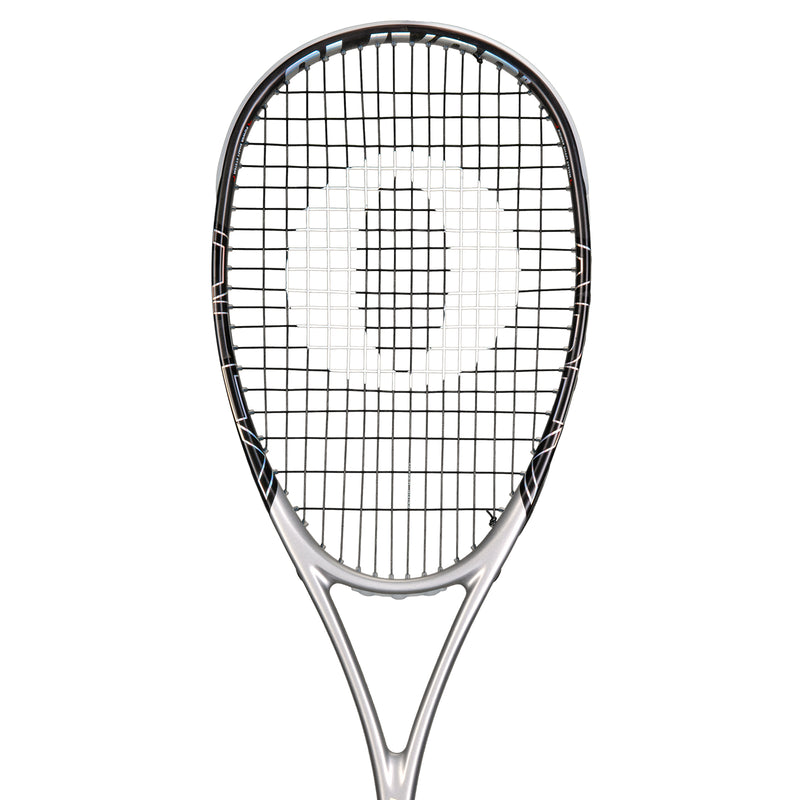 Oliver Squashschläger Modell Apex 420, silbern/schwarzer Schläger vor einem weißen Hintergrund