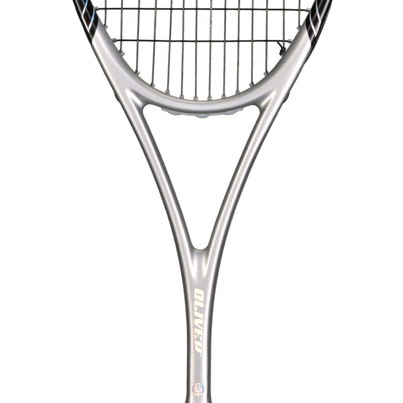 Oliver Squashschläger Modell Apex 420, silbern/schwarzer Schläger vor einem weißen Hintergrund