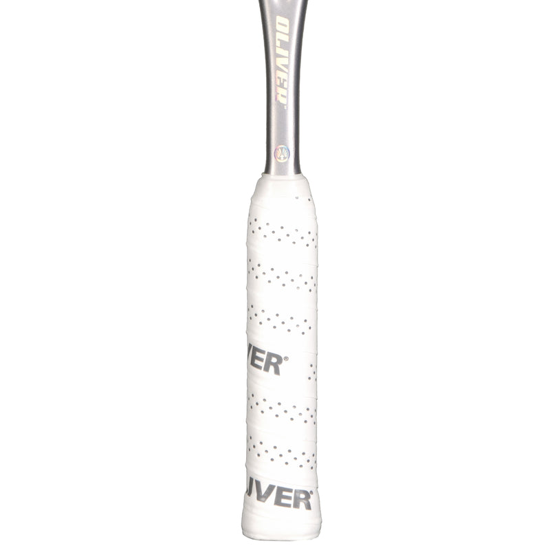 Oliver Squashschläger Modell Apex 420, weißer Griff vor einem weißen Hintergrund