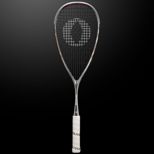 Oliver Squashschläger Modell Apex 5.0 Pro, silberner Schläger mit weißem Griff vor einem dunklen grauen Hintergrund