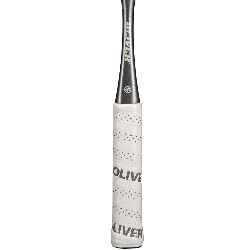 Oliver Squashschläger Modell Apex 5.0 Pro, weißer Griff vor einem weißen Hintergrund