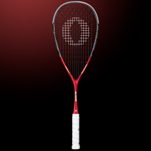 Oliver Squashschläger Modell Apex 520, roter Schläger mit weißem Griff vor einem dunklen roten Hintergrund