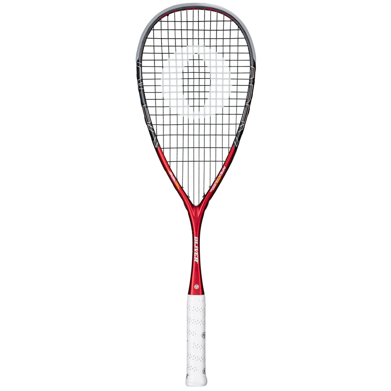 Oliver Squashschläger Modell Apex 520, roter Schläger mit weißem Griff vor einem weißen Hintergrund