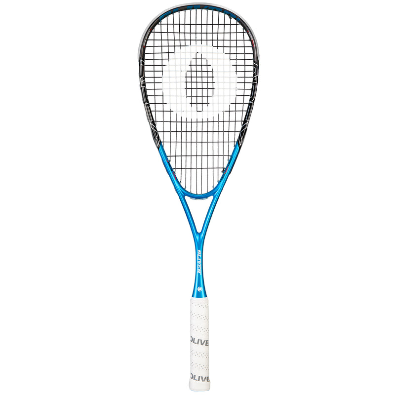 Oliver Squashschläger Modell Apex 720, blau/schwarzer Schläger mit weißem Griff vor einem weißen Hintergrund