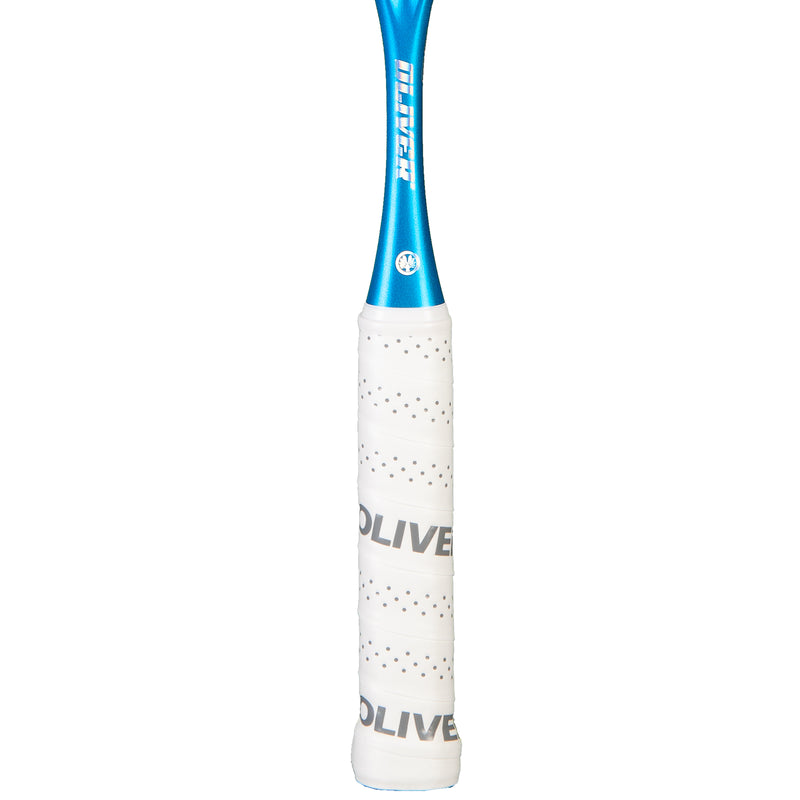 Oliver Squashschläger Modell Apex 720, weißer Griff vor einem weißen Hintergrund