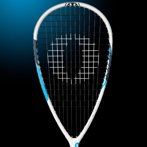 OLIVER Squashschläger Cross 9.2, weiß-blauer Squashschlägerkopf auf dunklem Hintergrund