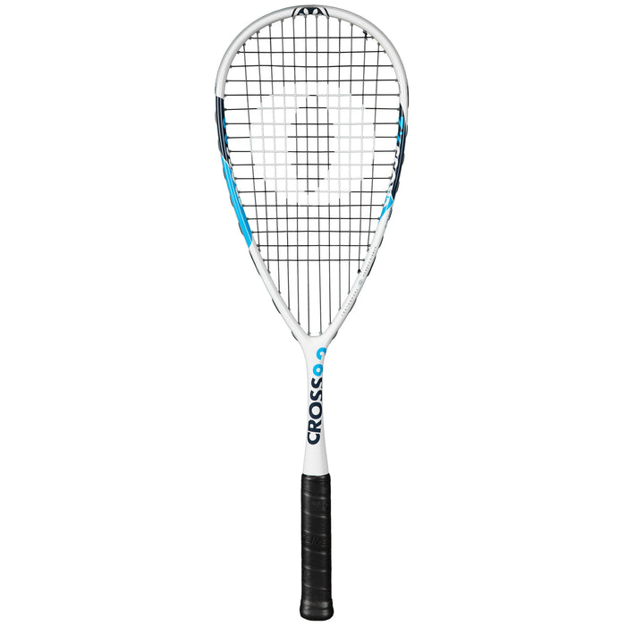 Oliver Squashschläger Modell Cross 9.2, weiß-blauer Schläger mit schwarzem Griff, vor einem weißen Hintergrund