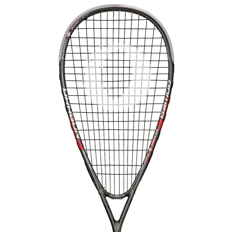 Oliver Squashschläger Modell Dragon 3, schwarzer Schläger mit rotem und weißem Design vor einem weißen Hintergrund