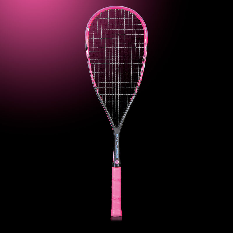 OLIVER Squashschläger Fuchsia, schwarz-pinker Squashschläger mit Griffband in pink auf dunklem Hintergrund