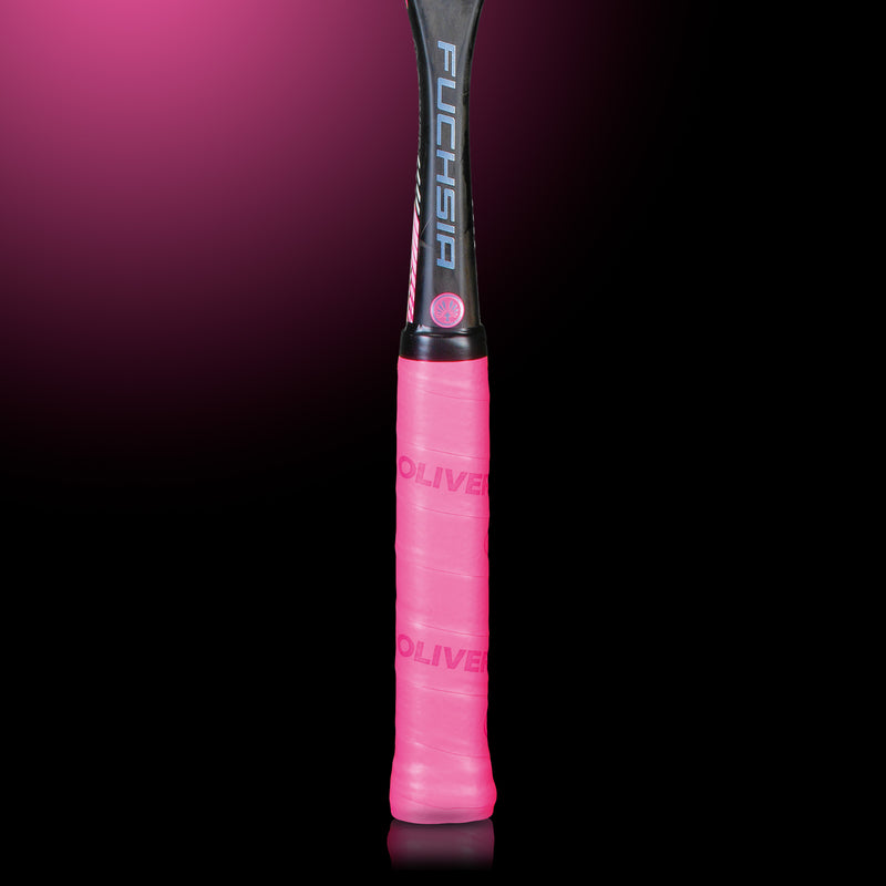 OLIVER Squashschläger Fuchsia, schwarzer Schaft mit Griffband in pink auf dunklem Hintergrund 