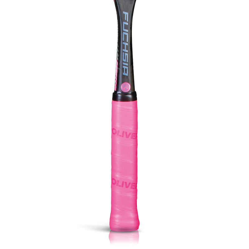 OLIVER Squashschläger Fuchsia, schwarzer Schaft mit Griffband in pink auf weißem Hintergrund 