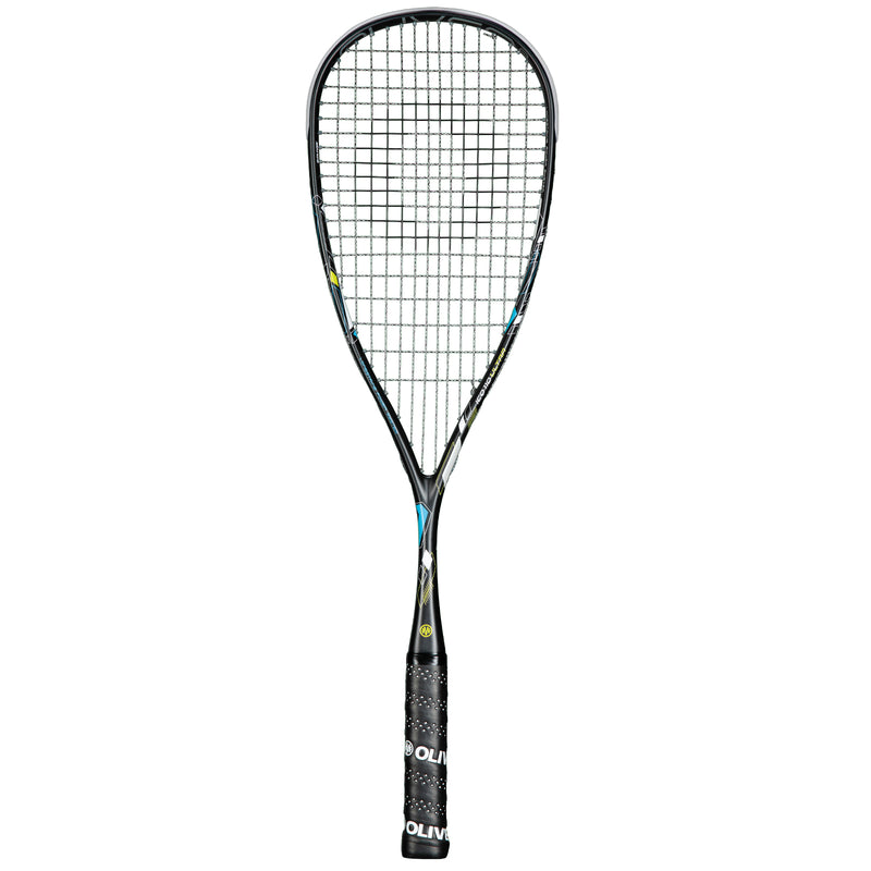 Oliver Squashschläger Modell ICQ 110 Ultra, schwarzer Schläger mit schwarzem Griff vor einem weißen Hintergrund