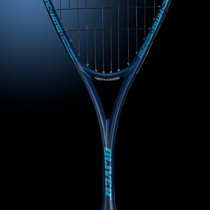 OLIVER Squashschläger XT-880, Rahmenkonstruktion mit blauen Akzenten auf dunklem Hintergrund 