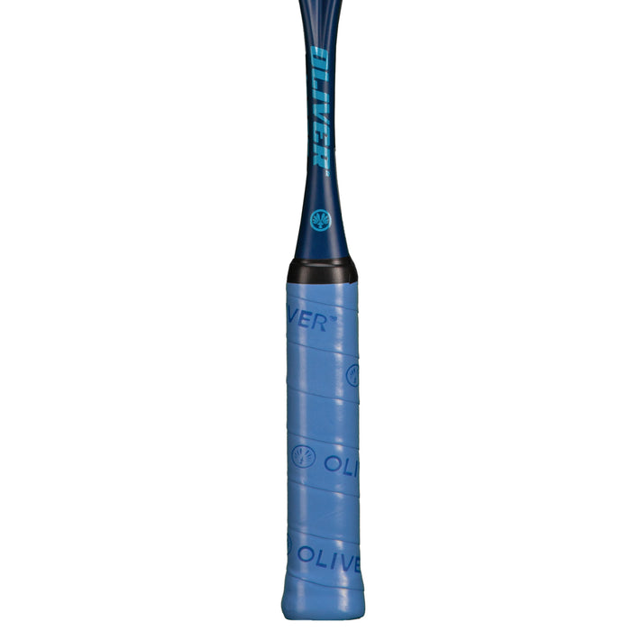 OLIVER Squashschläger XT-880, Schaft und Griffband mit blauen Akzenten auf weißem Hintergrund 