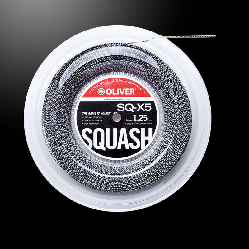 Grau-schwarze Oliver Squashsaite als Rolle vor einem dunklen grauen Hintergrund