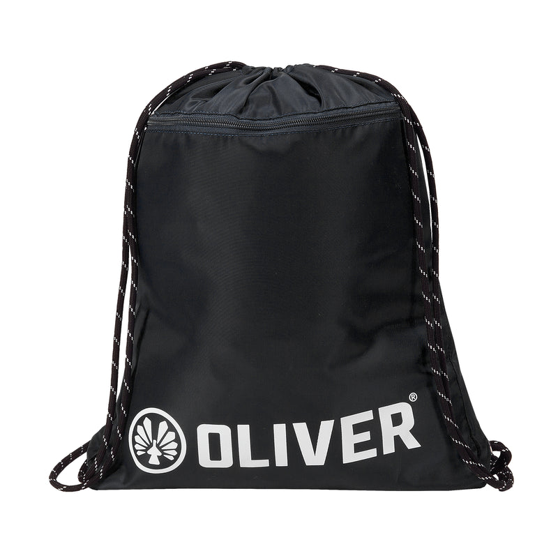 Schwarzer OLIVER Gym-Sack mit weißem Logo und Kordelzug, ideal für den Transport von Sportausrüstung