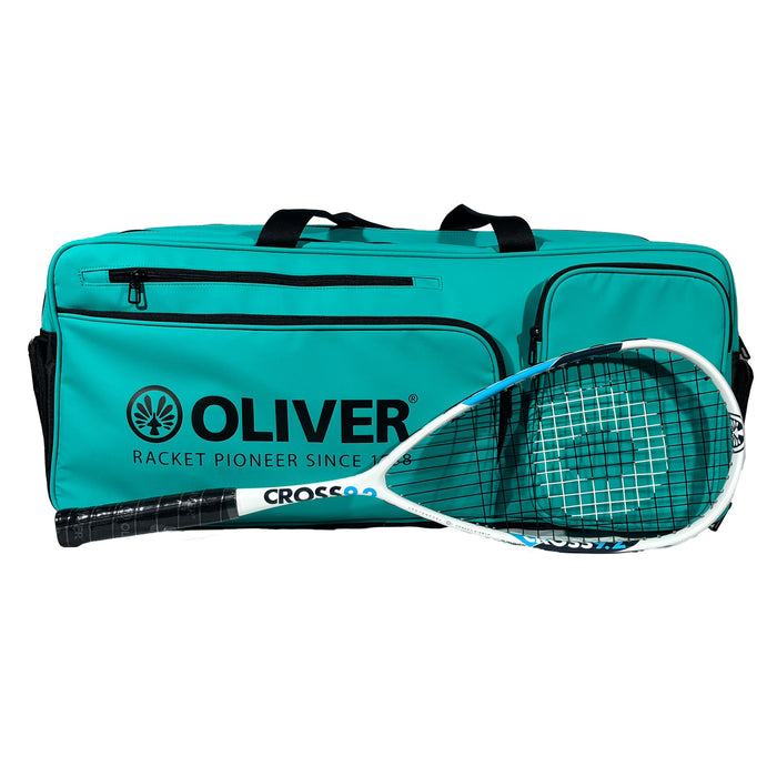 OLIVER Rackettasche EXTEND in türkisgrün mit dem OLIVER Squashschläger CROSS 9.2 auf weißem Hintergrund.