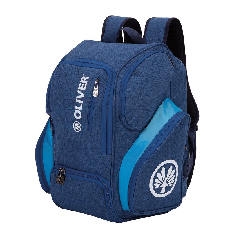 Blauer XL-Rucksack von OLIVER mit Fächern für Schläger und Schuhe, ideal für Badminton-, Squash- und Padel-Ausrüstung