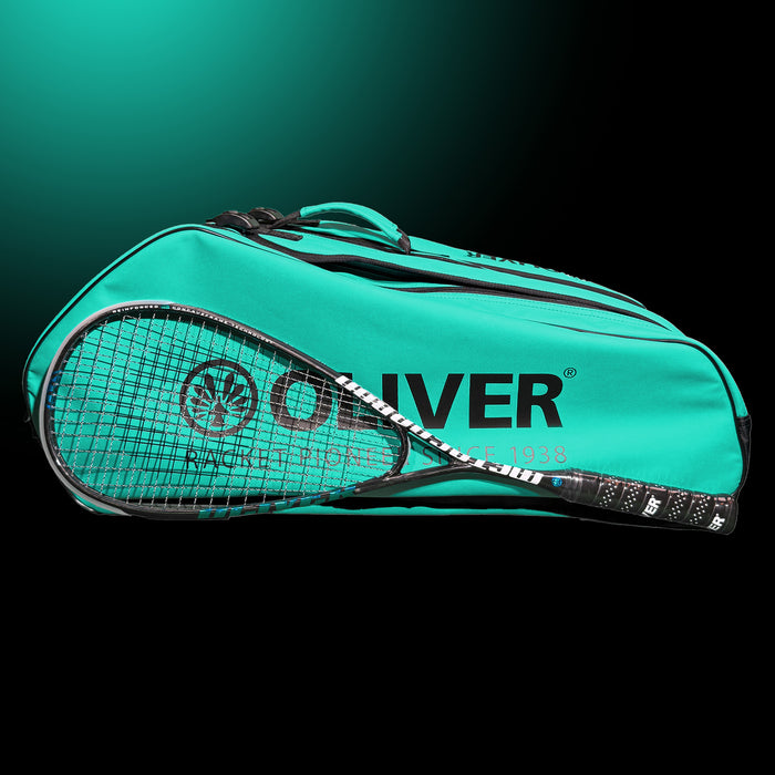 OLIVER RACKETBAG TOP PRO Extend in türkisgrün mit OLIVER Logo und OLIVER Squashschläger auf dunklem Hintergrund. 