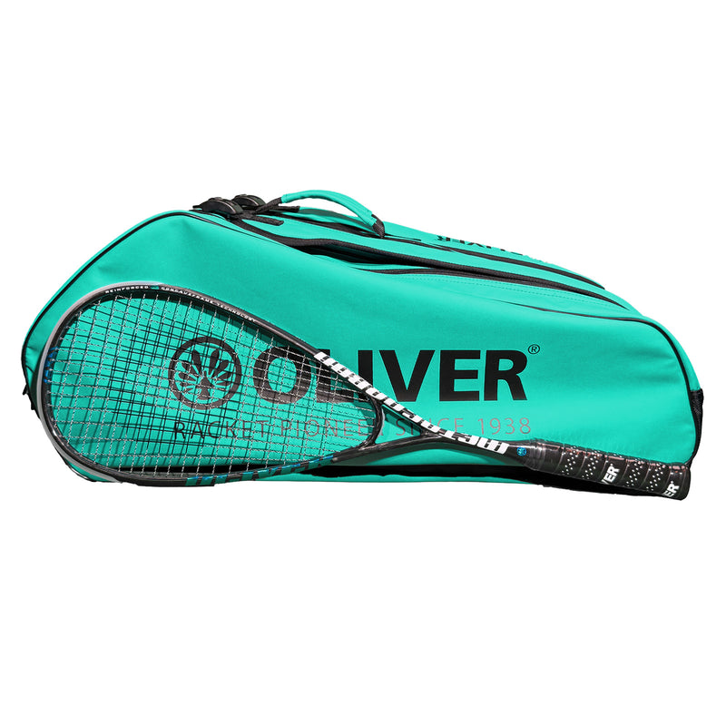 OLIVER RACKETBAG TOP PRO Extend in türkisgrün mit OLIVER Logo und OLIVER Squashschläger auf weißem Hintergrund. 