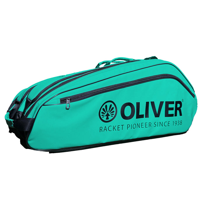 OLIVER RACKETBAG TOP PRO Extend in türkisgrün mit OLIVER Logo und langer Reißverschlusstasche auf weißem Hintergrund.