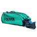 OLIVER RACKETBAG TOP PRO Extend in türkisgrün mit OLIVER Logo und geöffnetem Schuhfach mit OLIVER Sportschuh auf weißem Hintergrund.