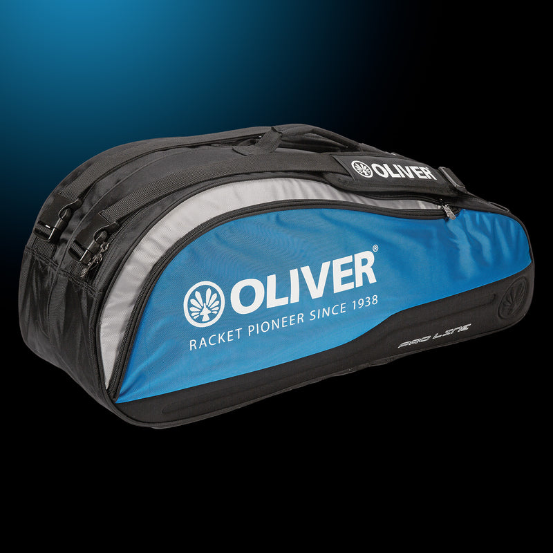 Blau-graue OLIVER Top Pro Line Schlägertasche mit schwarzen und hellblauen Akzenten, ideal für Badminton- und Squash-Ausrüstung