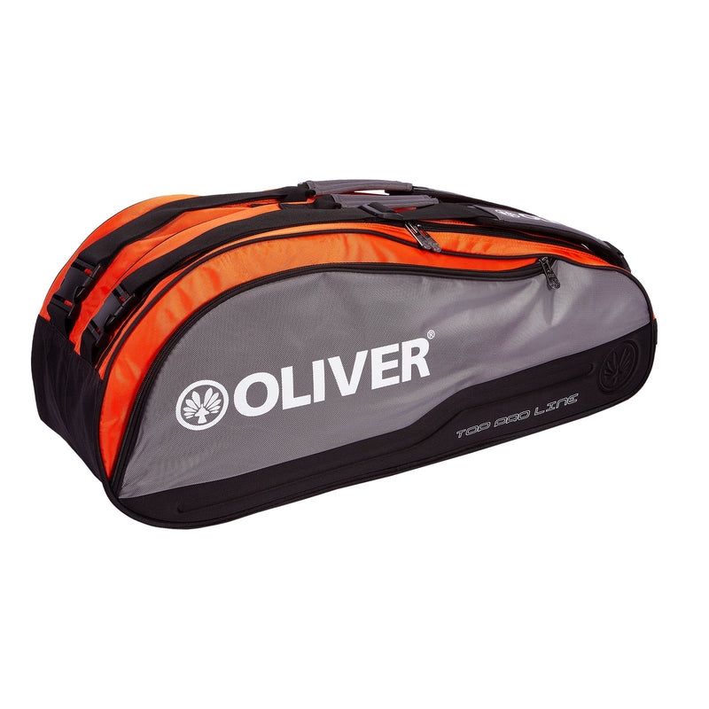 Silberne OLIVER Top Pro Line Schlägertasche mit orangenen Akzenten, ideal für Badminton- und Squash-Ausrüstung