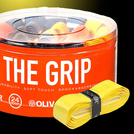 THE GRIP 24 BOX mit bunten Griffbändern für Badminton- und Squashschläger in den Farben Schwarz, Blau, Gelb und Orange, verpackt in einer runden Box