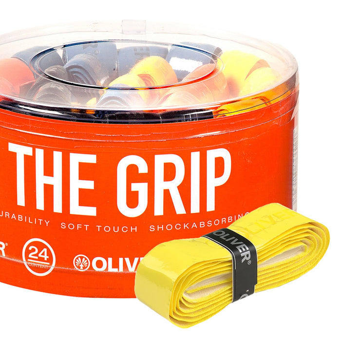 THE GRIP 24 BOX mit bunten Griffbändern für Badminton- und Squashschläger in den Farben Schwarz, Blau, Gelb und Orange, verpackt in einer runden Box.